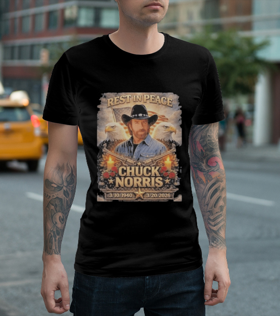 Rest In Peace Chuck Norris With Bald Eagles American Flag And Candles T-Shirt
