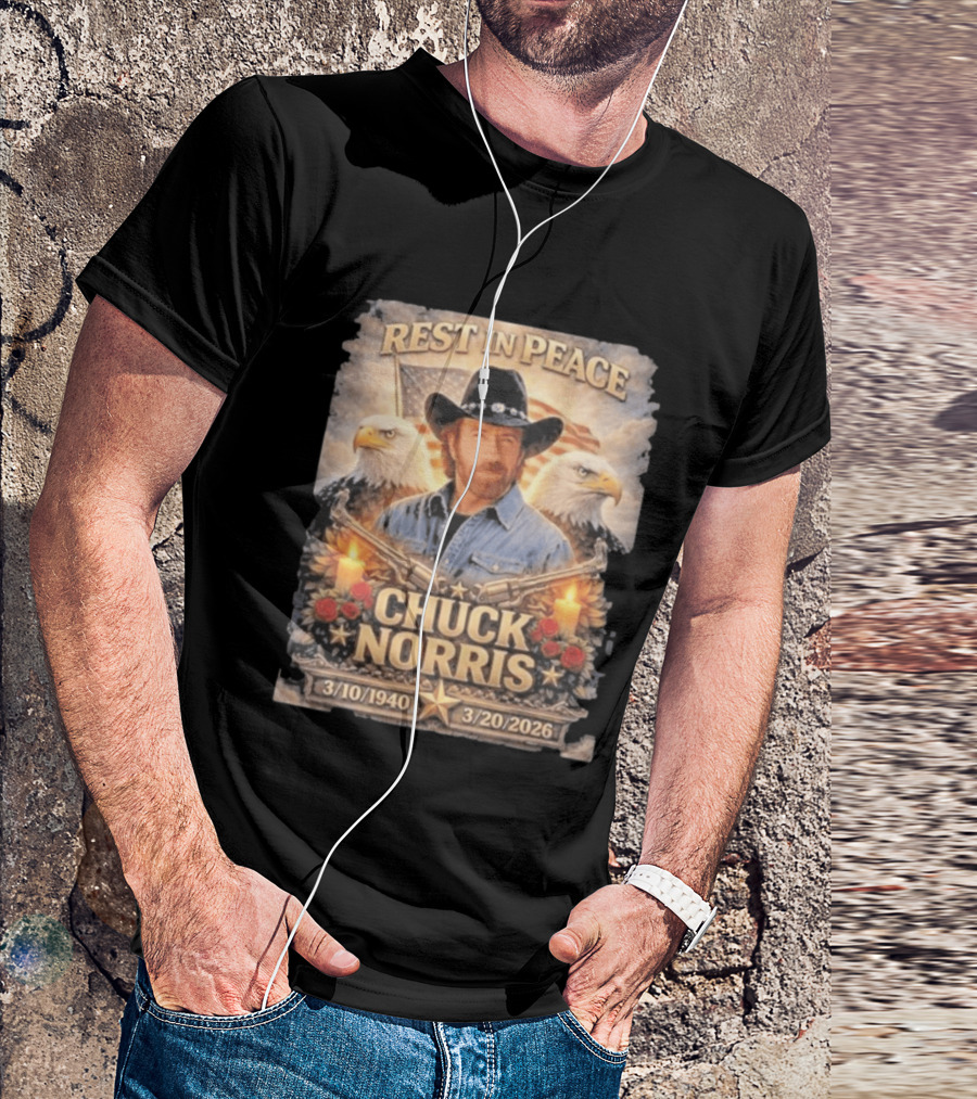 Rest In Peace Chuck Norris With Bald Eagles American Flag And Candles T-Shirt