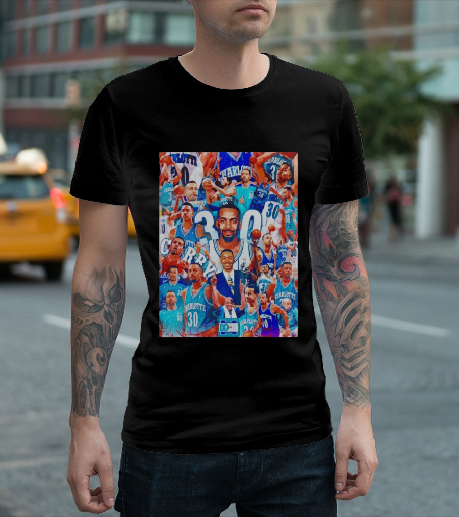 Dell Curry Charlotte Hornets 30 Jersey Collage Throwback T-Shirt