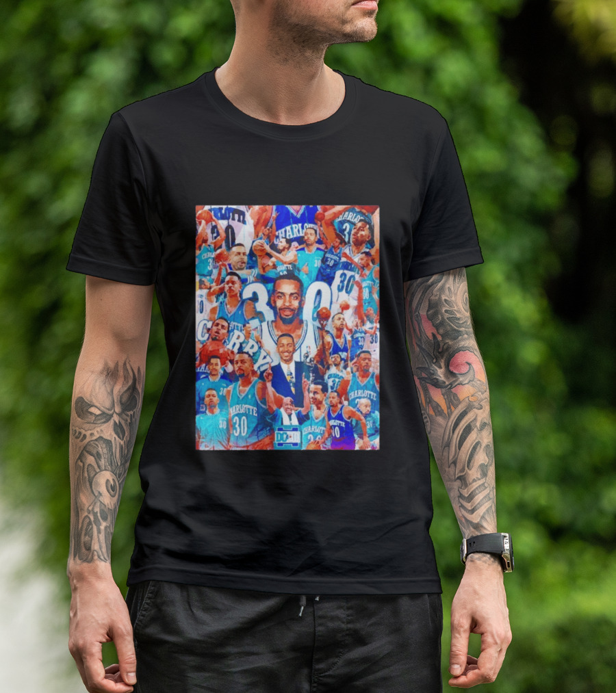 Dell Curry Charlotte Hornets 30 Jersey Collage Throwback T-Shirt