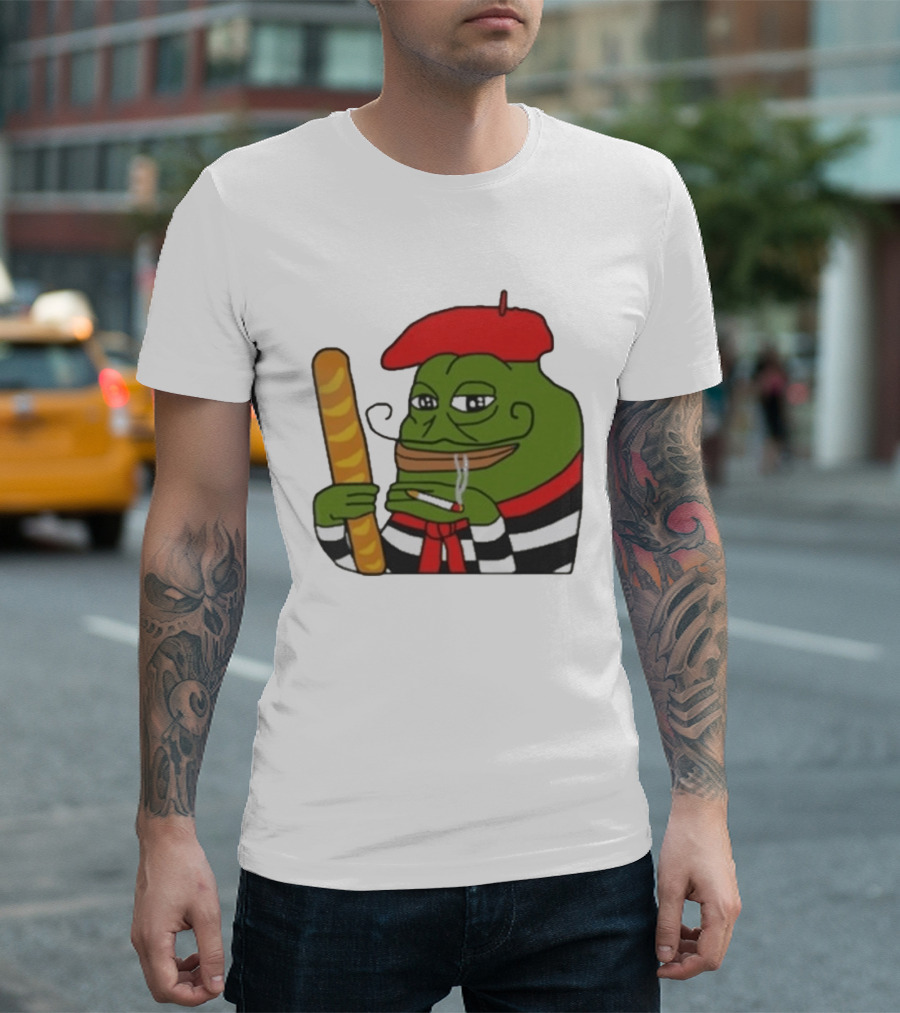 S French Pepe With Baguette And Cigarette Beret Comedy Meme T-Shirt