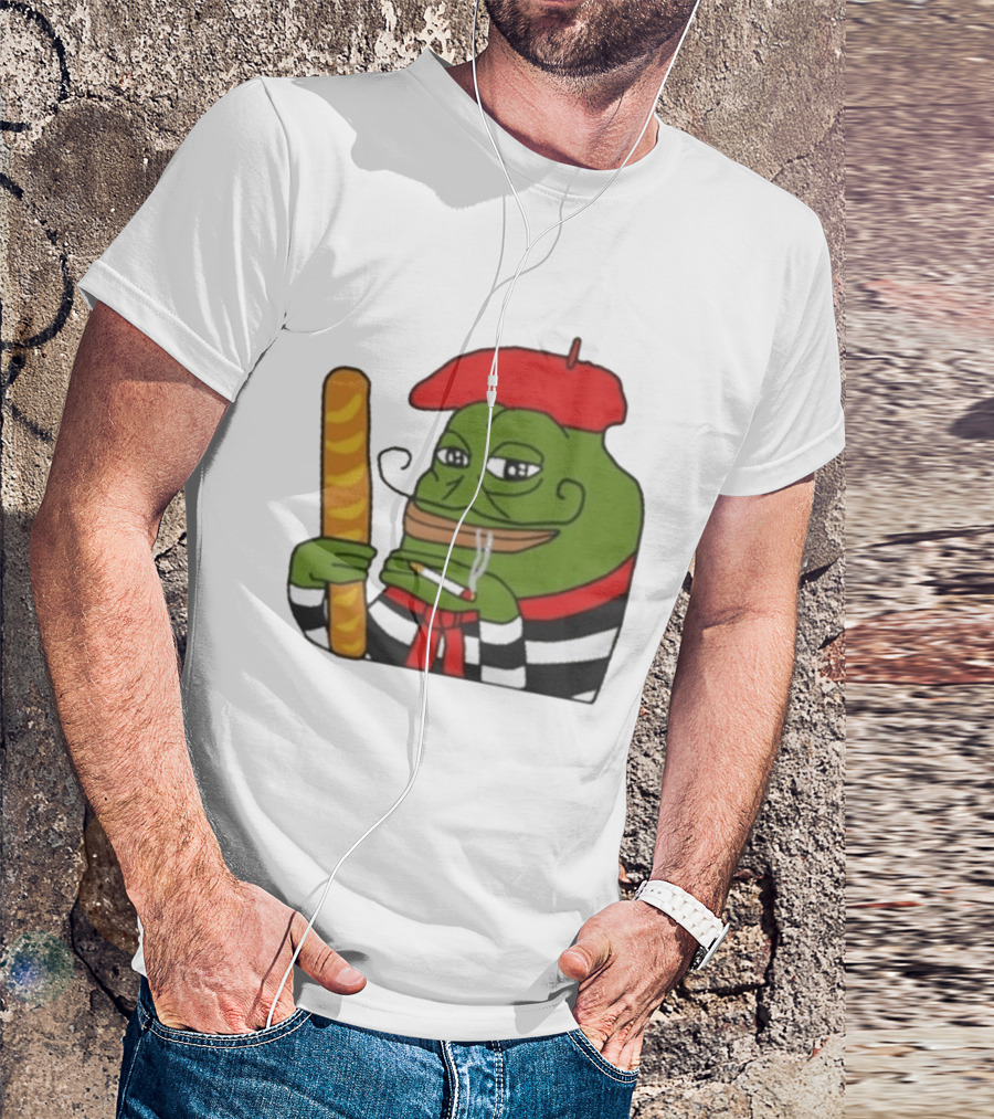 S French Pepe With Baguette And Cigarette Beret Comedy Meme T-Shirt