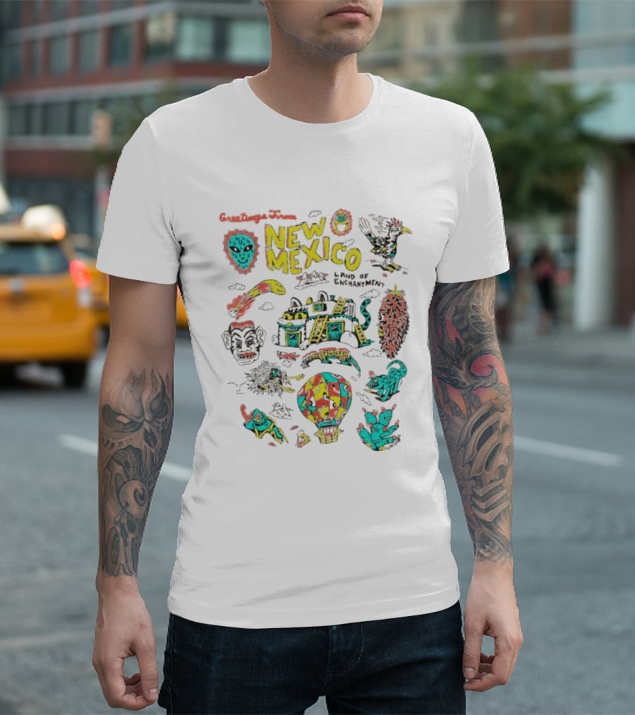 Greetings New Mexico Land Of Enchantment Colorful Southwest Symbols Hot Air Balloon Cactus And Traditional T-Shirt