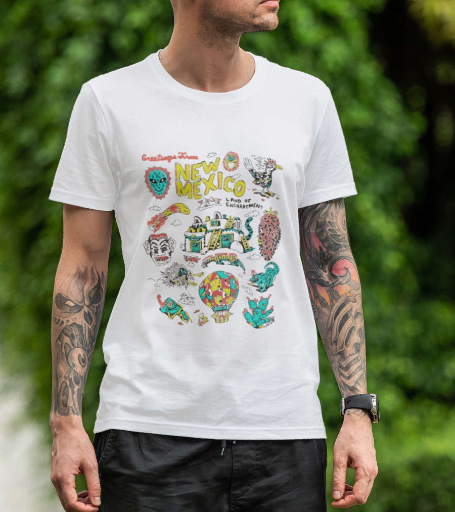 Greetings New Mexico Land Of Enchantment Colorful Southwest Symbols Hot Air Balloon Cactus And Traditional T-Shirt