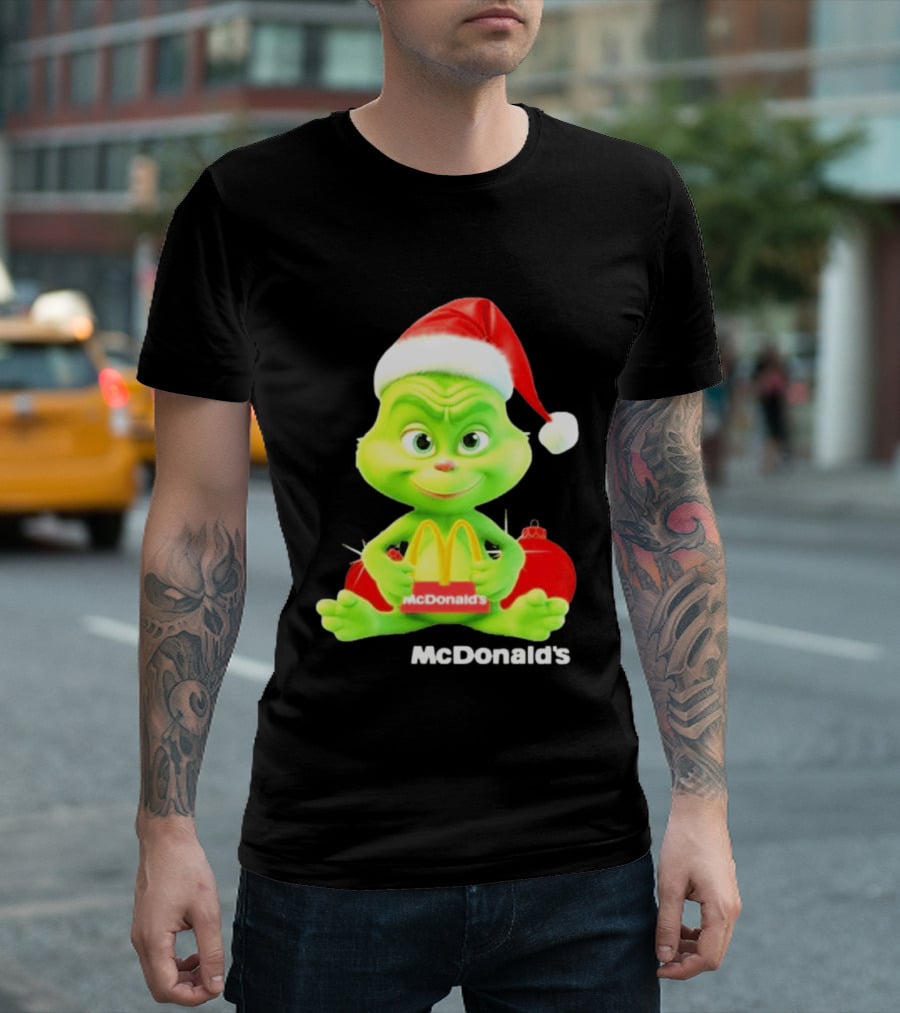 Santa Baby Grinch McDonald's Holding Happy Meal With Santa Hat And Gift Bags T-Shirt