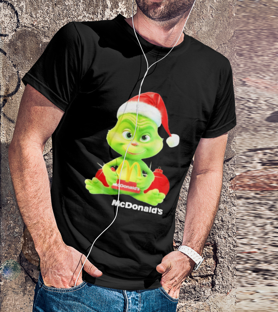 Santa Baby Grinch McDonald's Holding Happy Meal With Santa Hat And Gift Bags T-Shirt