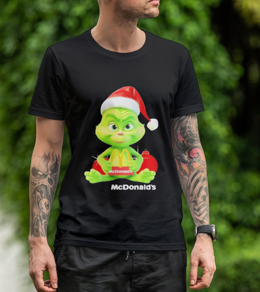 Santa Baby Grinch McDonald's Holding Happy Meal With Santa Hat And Gift Bags T-Shirt