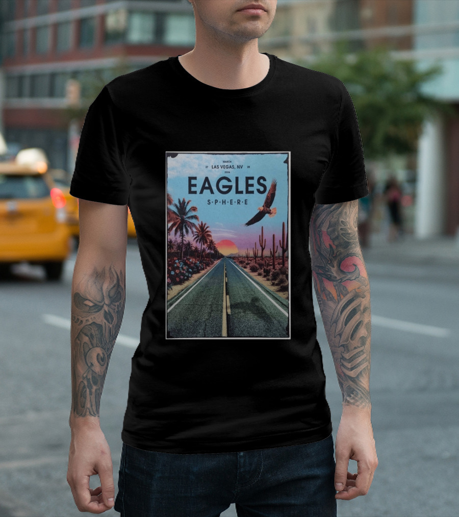 Eagles March 27 28 2026 Las Vegas NV Sphere Desert Road Sunset Scene T-Shirt