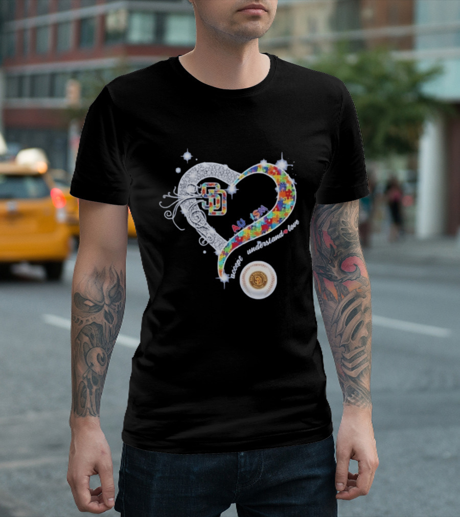 San Diego Baseball Heart Autism Accept Understand Love Puzzle T-Shirt