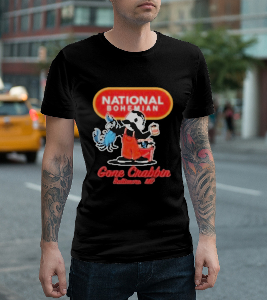 National Bohemian Beer Gone Crabbin' Baltimore MD Mr. Boh With Crab And Beer T-Shirt