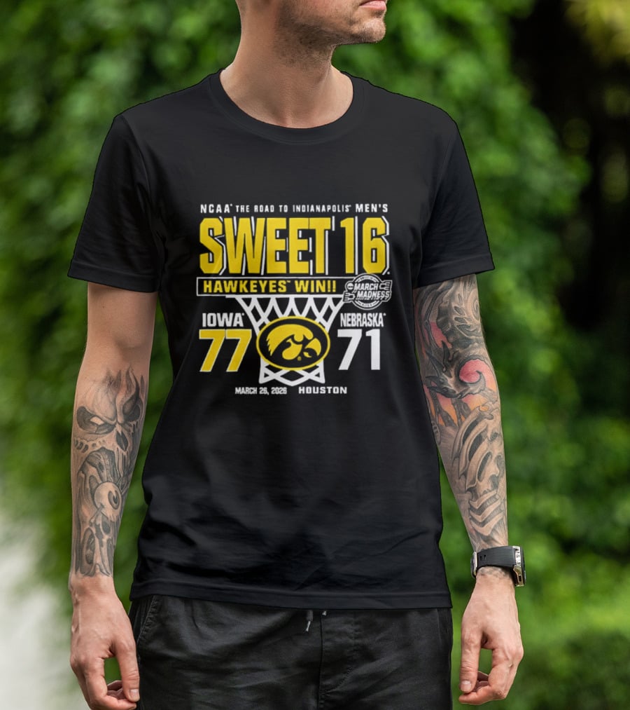 NCAA The Road To Minneapolis Men's Sweet 16 Hawkeyes Win Iowa 77 Nebraska 71 March 29 2020 Selection T-Shirt