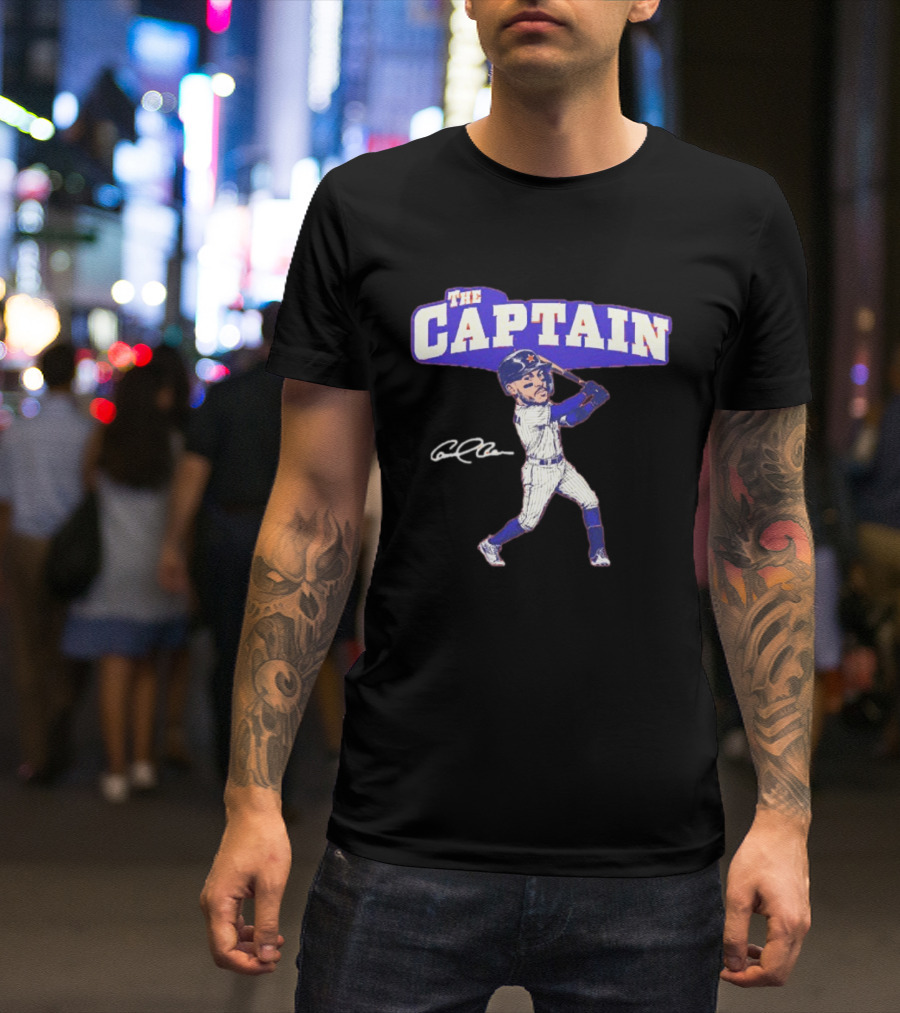 The Captain Carlos Correa Caricature Baseball Player Swinging Bat With Signature T-Shirt