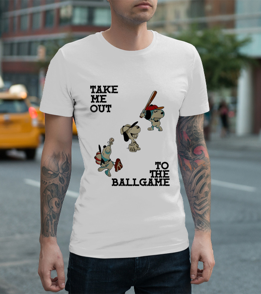 Snoopy Take Me Out To The Ballgame Baseball Red Cap Batting And Catching T-Shirt