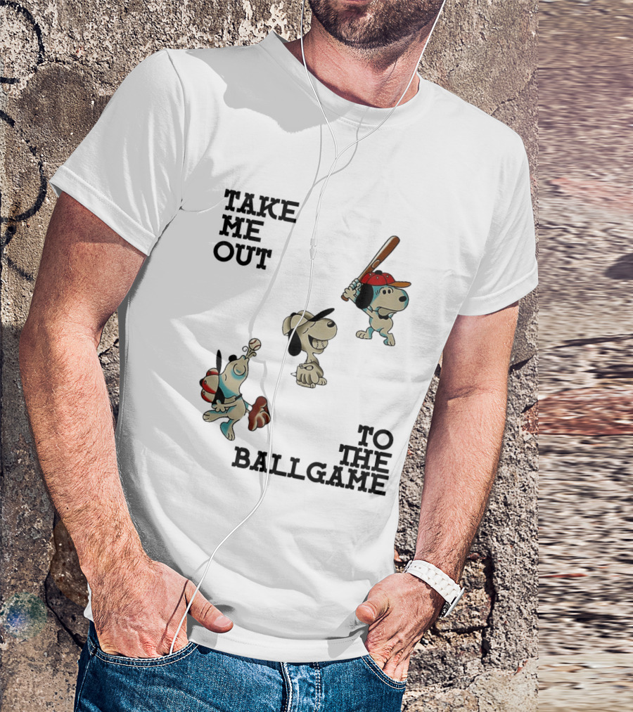 Snoopy Take Me Out To The Ballgame Baseball Red Cap Batting And Catching T-Shirt