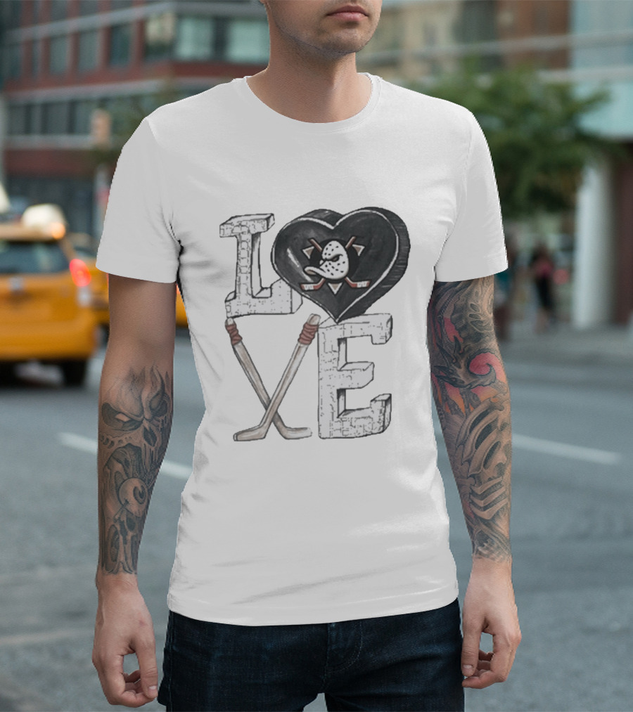 Anaheim Ducks Puck Heart Love Hockey Sticks T-Shirt