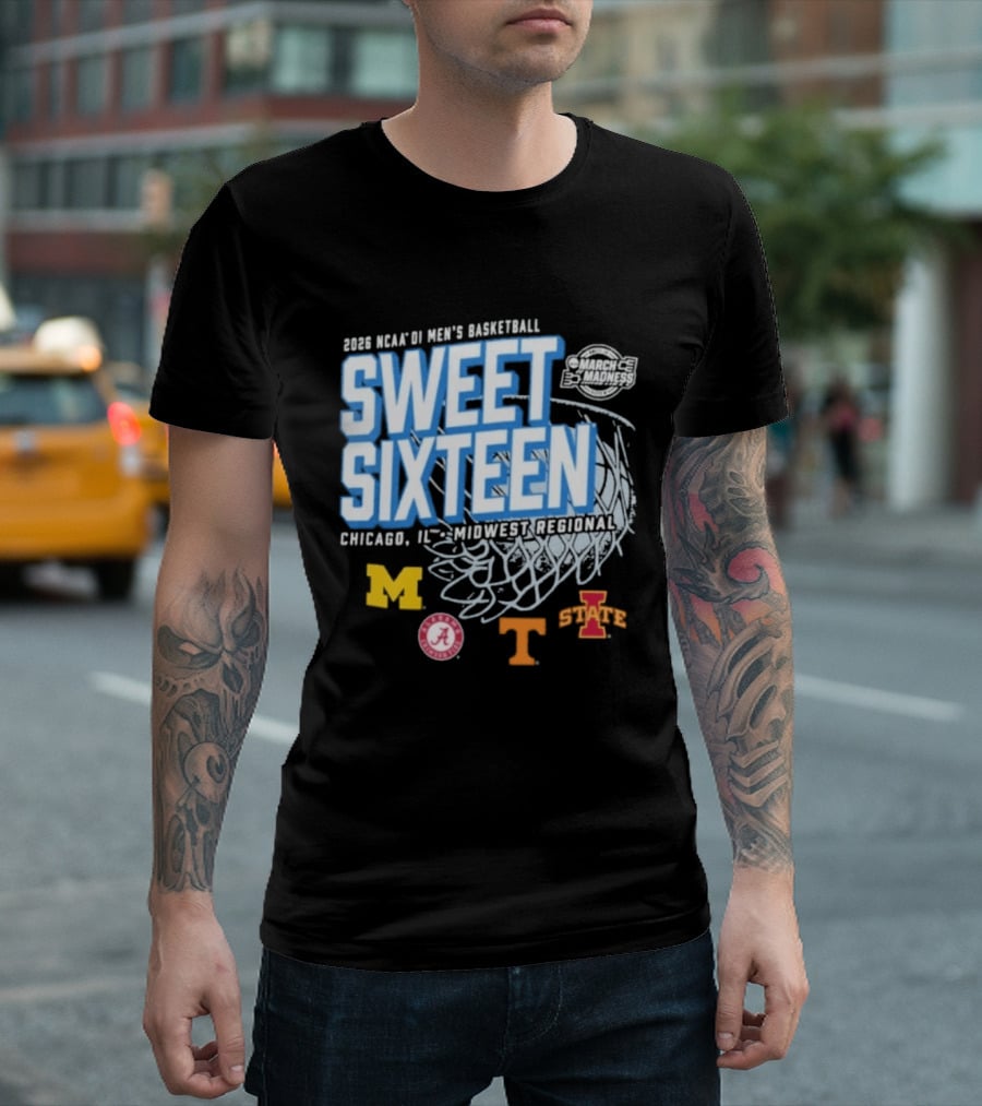 2026 NCAA DI Men's Basketball Sweet Sixteen Chicago IL Midwest Regional Michigan Alabama Tennessee Iowa State T-Shirt