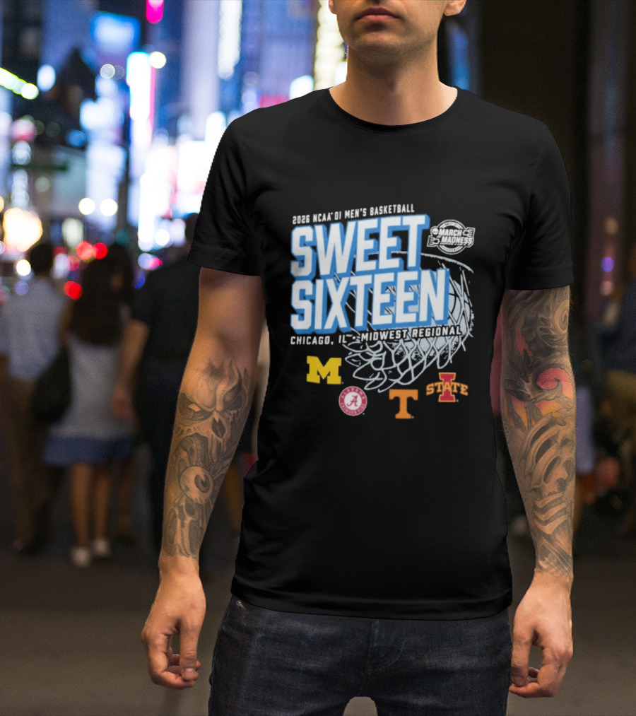 2026 NCAA DI Men's Basketball Sweet Sixteen Chicago IL Midwest Regional Michigan Alabama Tennessee Iowa State T-Shirt
