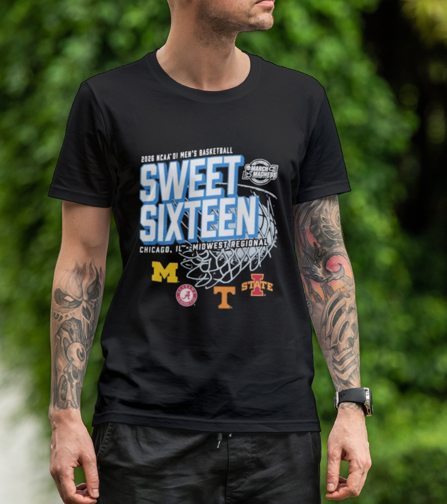 2026 NCAA DI Men's Basketball Sweet Sixteen Chicago IL Midwest Regional Michigan Alabama Tennessee Iowa State T-Shirt