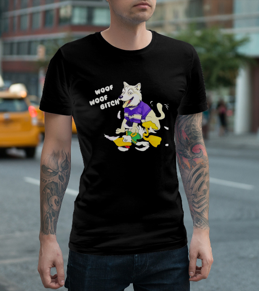 Washington Huskies Woof Woof Bitch Cartoon Mascot Scene T-Shirt