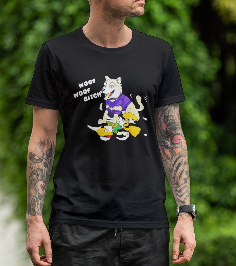 Washington Huskies Woof Woof Bitch Cartoon Mascot Scene T-Shirt