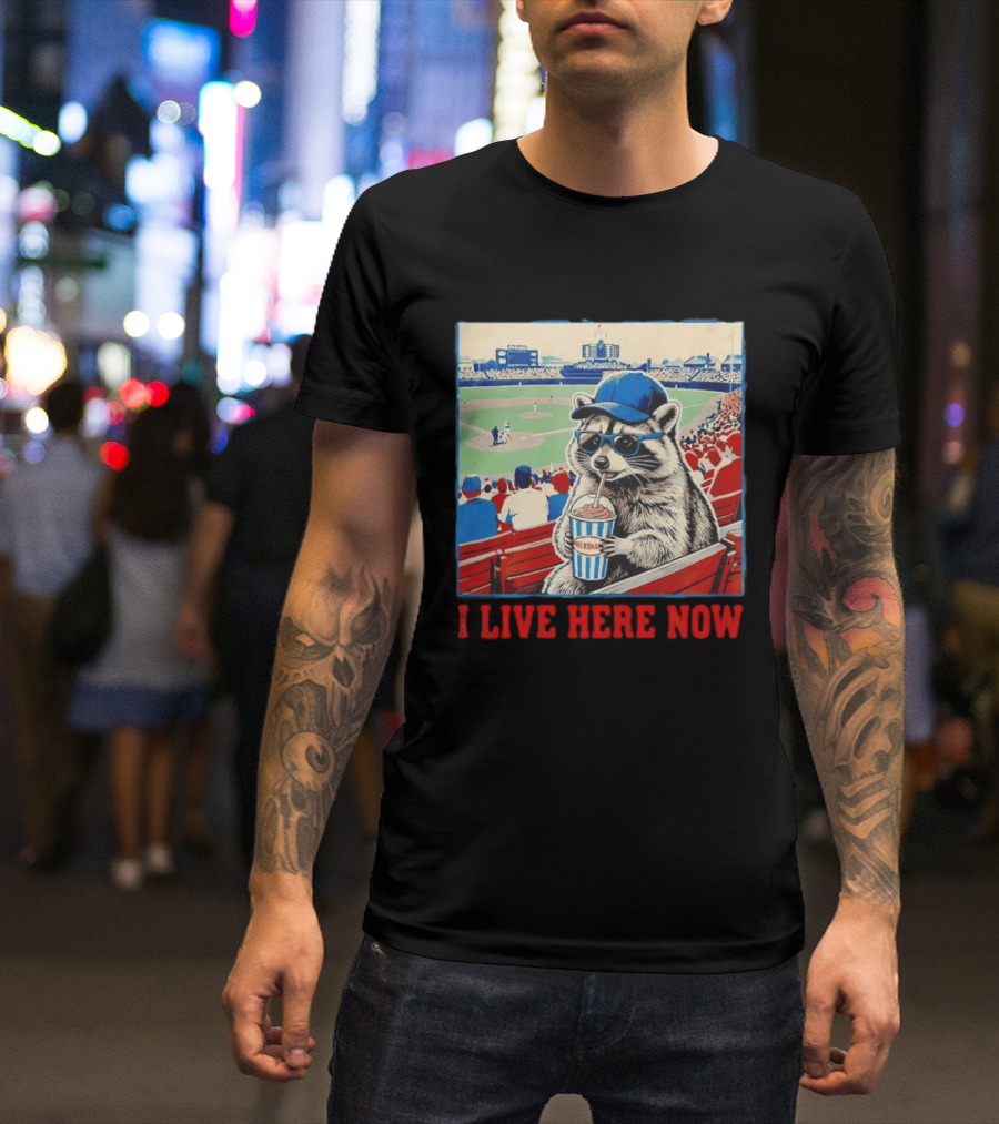 Raccoon Milkshake Baseball Field I Live Here Now T-Shirt