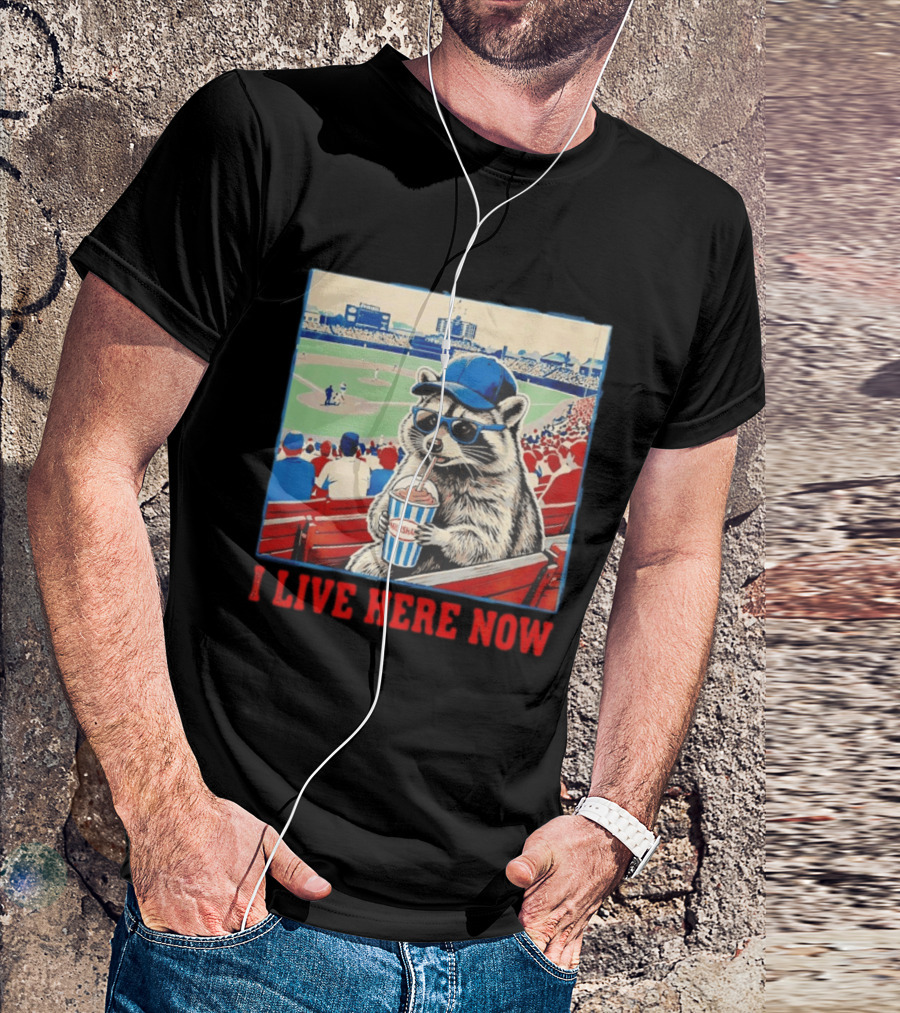 Raccoon Milkshake Baseball Field I Live Here Now T-Shirt