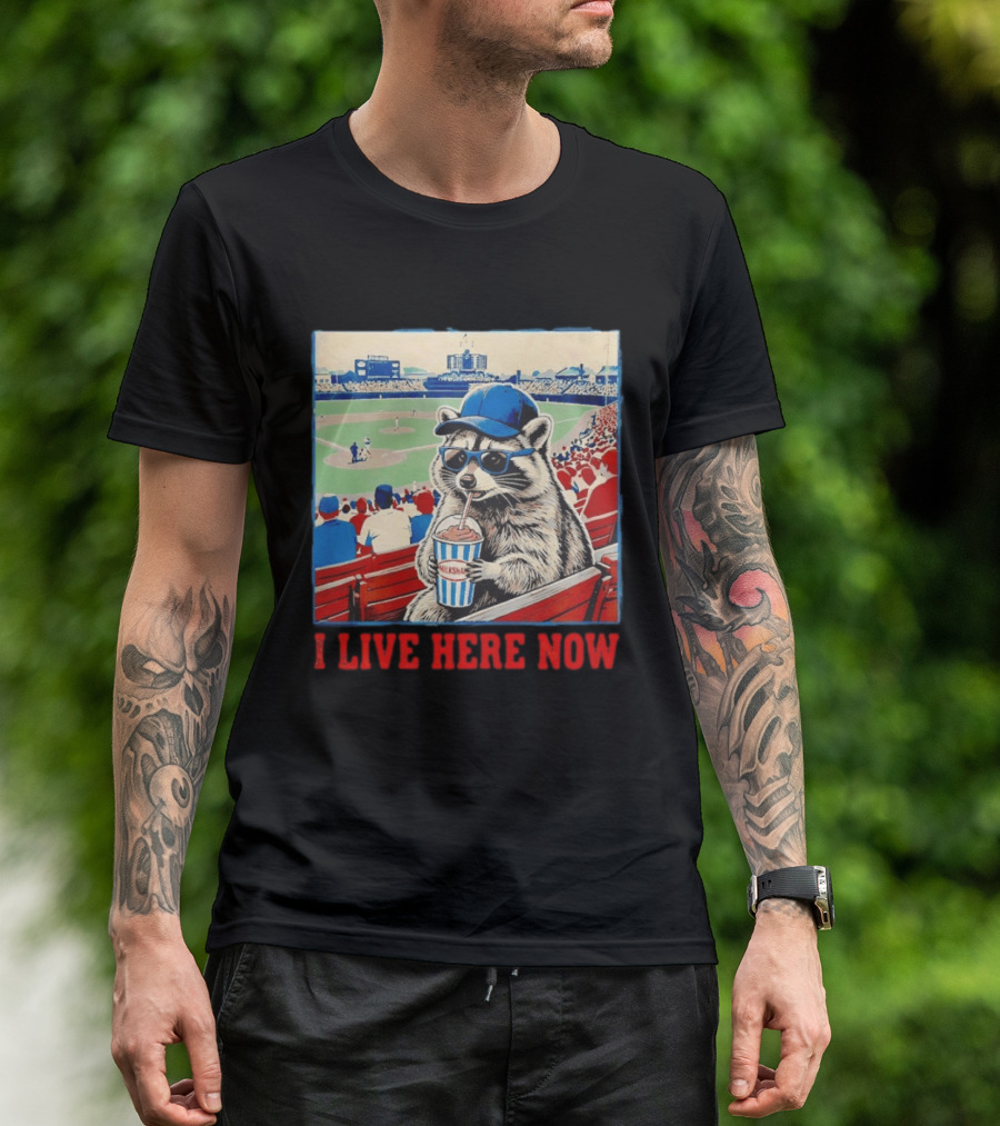 Raccoon Milkshake Baseball Field I Live Here Now T-Shirt