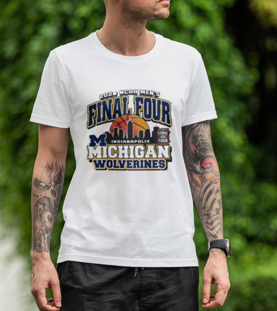 NCAA Men's Final Four 2026 Michigan Wolverines Indianapolis Skyline Basketball T-Shirt