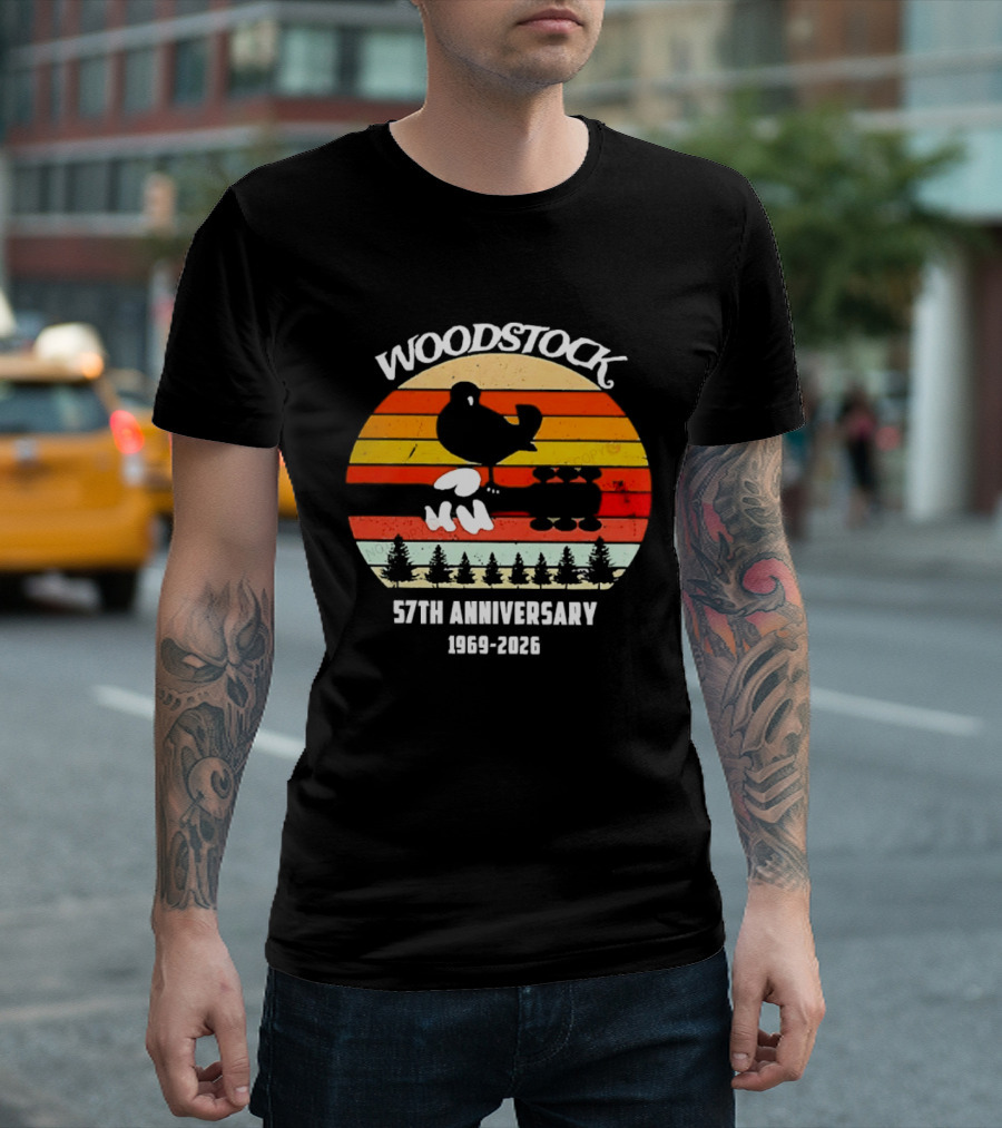 Woodstock 57th Anniversary 1969 2026 Bird Vintage Sunset Stripes T-Shirt