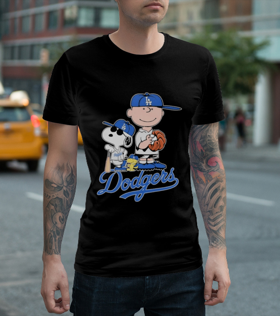 Los Angeles Dodgers Peanuts Snoopy Charlie Brown Woodstock Baseball Collaboration T-Shirt