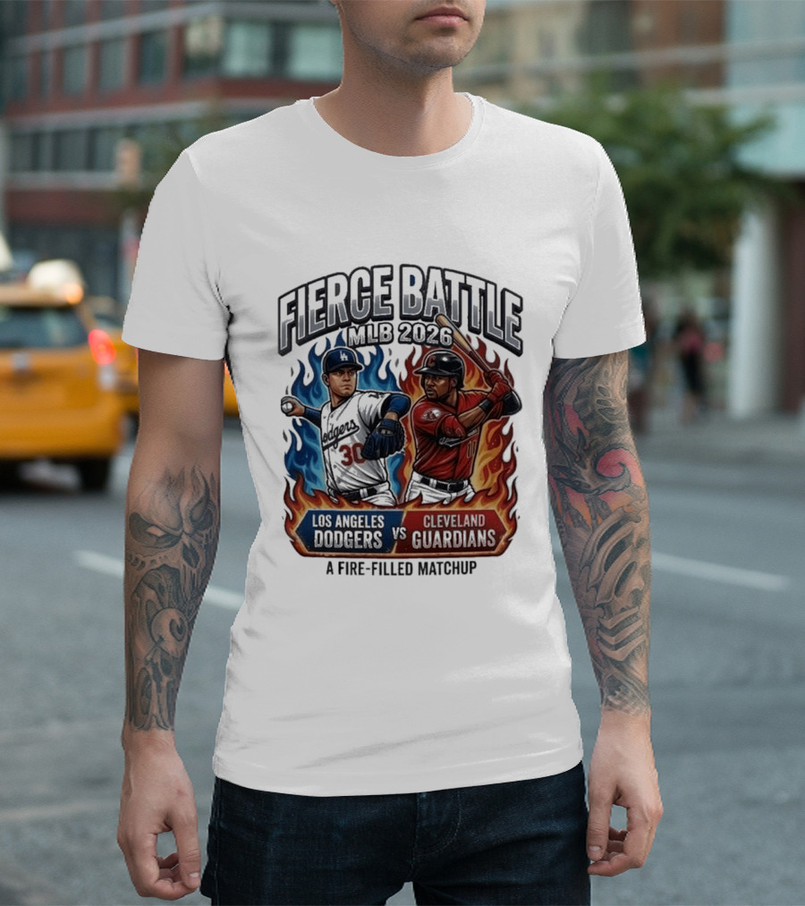 Fierce Battle MLB 2026 Los Angeles Dodgers Vs Cleveland Guardians Fire Filled Matchup T-Shirt