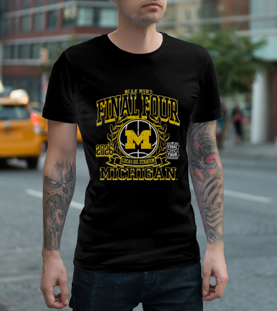 NCAA Men's Final Four 2026 Lucas Oil Stadium Michigan Wolverines Ball Crest T-Shirt