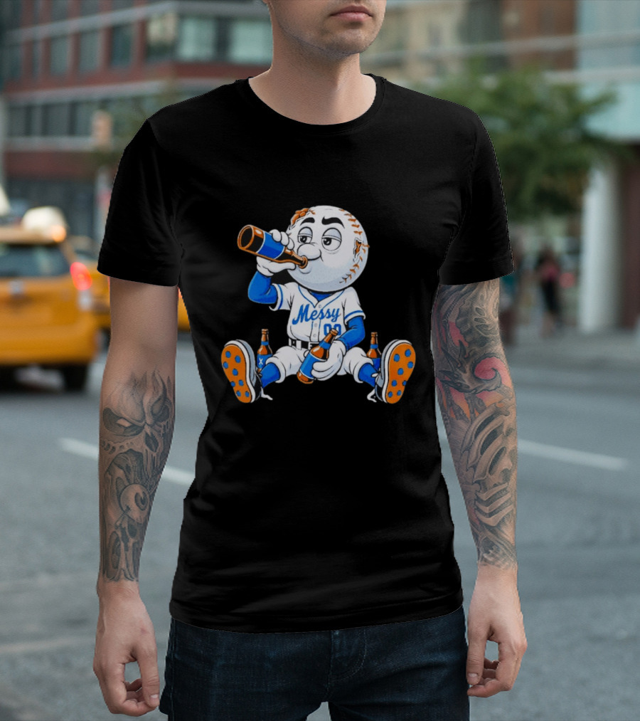 New York Mets Mr. Met Messy Drink Baseball T-Shirt
