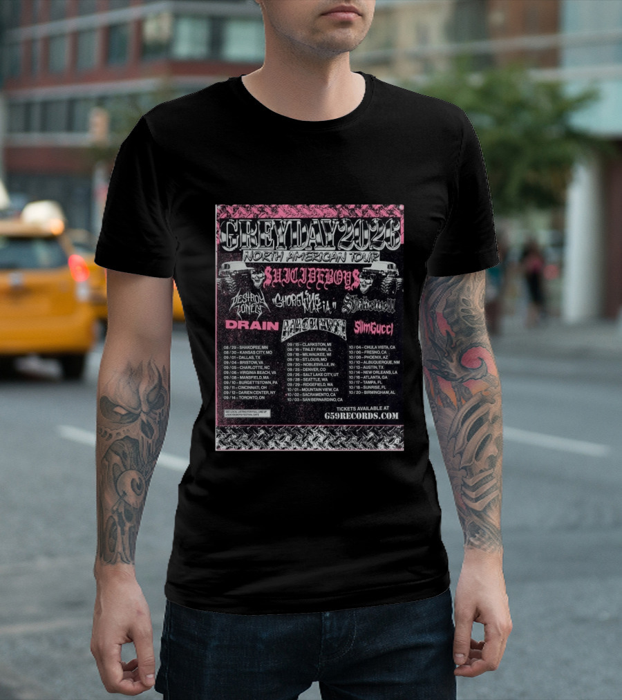 Grey Day 2026 North American Tour Suicide Boys, Destroy Lonely, Ghostemane, Drain, Slim Gucci With Schedule T-Shirt