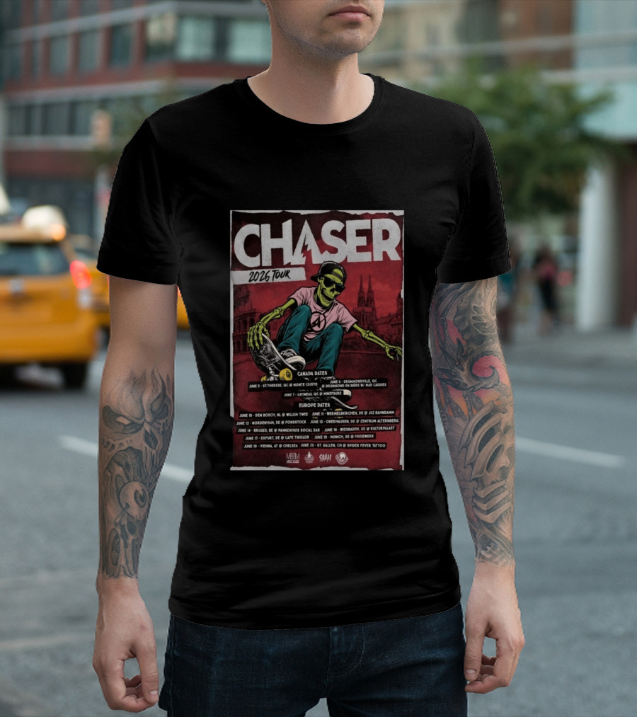 Chaser 2026 Tour Canada Europe Dates Skeleton Skateboarding T-Shirt