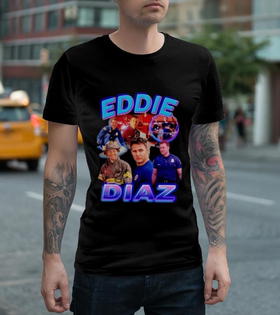 Eddie Diaz Firefighter Collage Action Scenes And Portraits T-Shirt