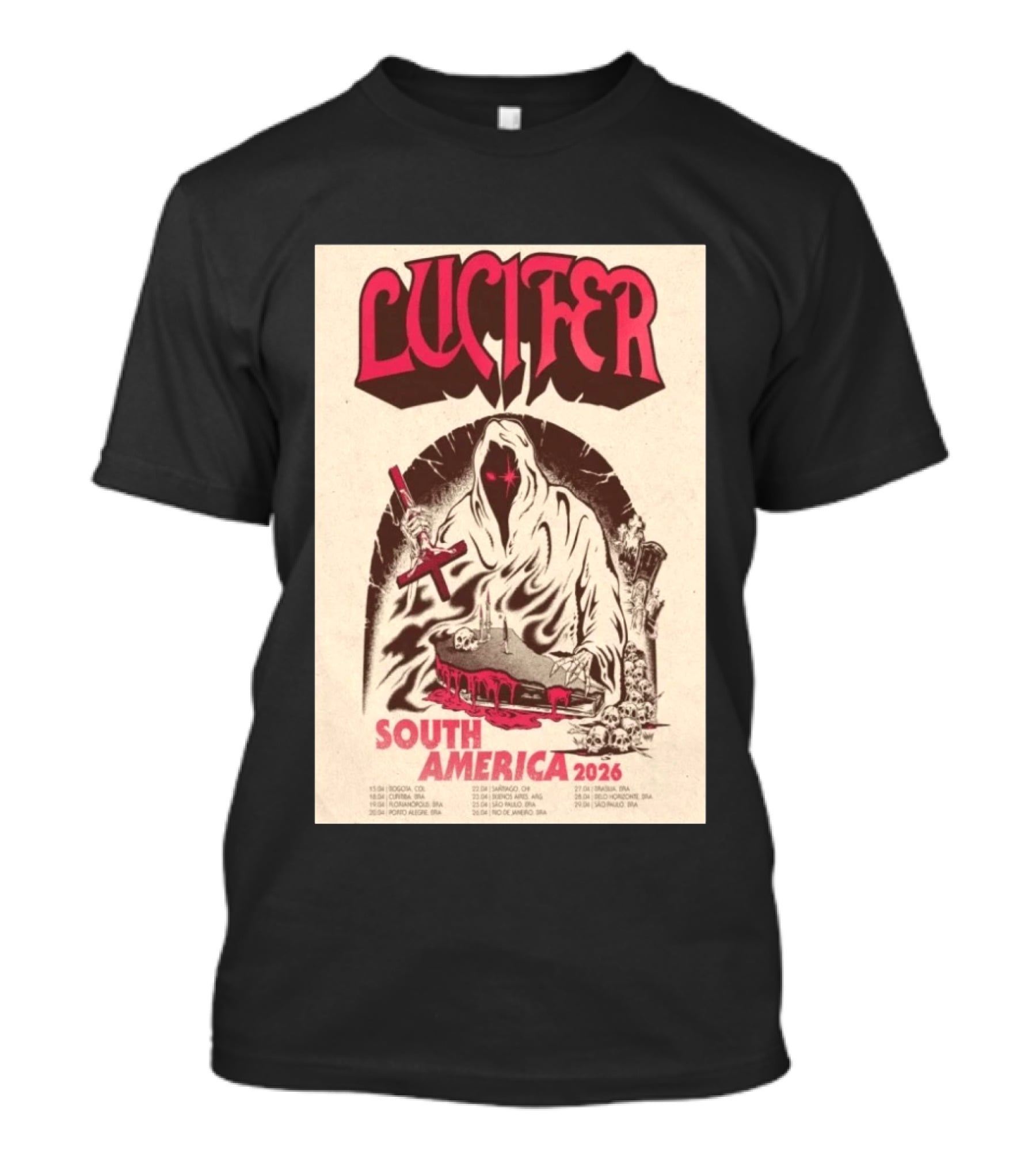Lucifer South America 2026 Tour Schedule With Hooded Figure And Skulls T-Shirt
