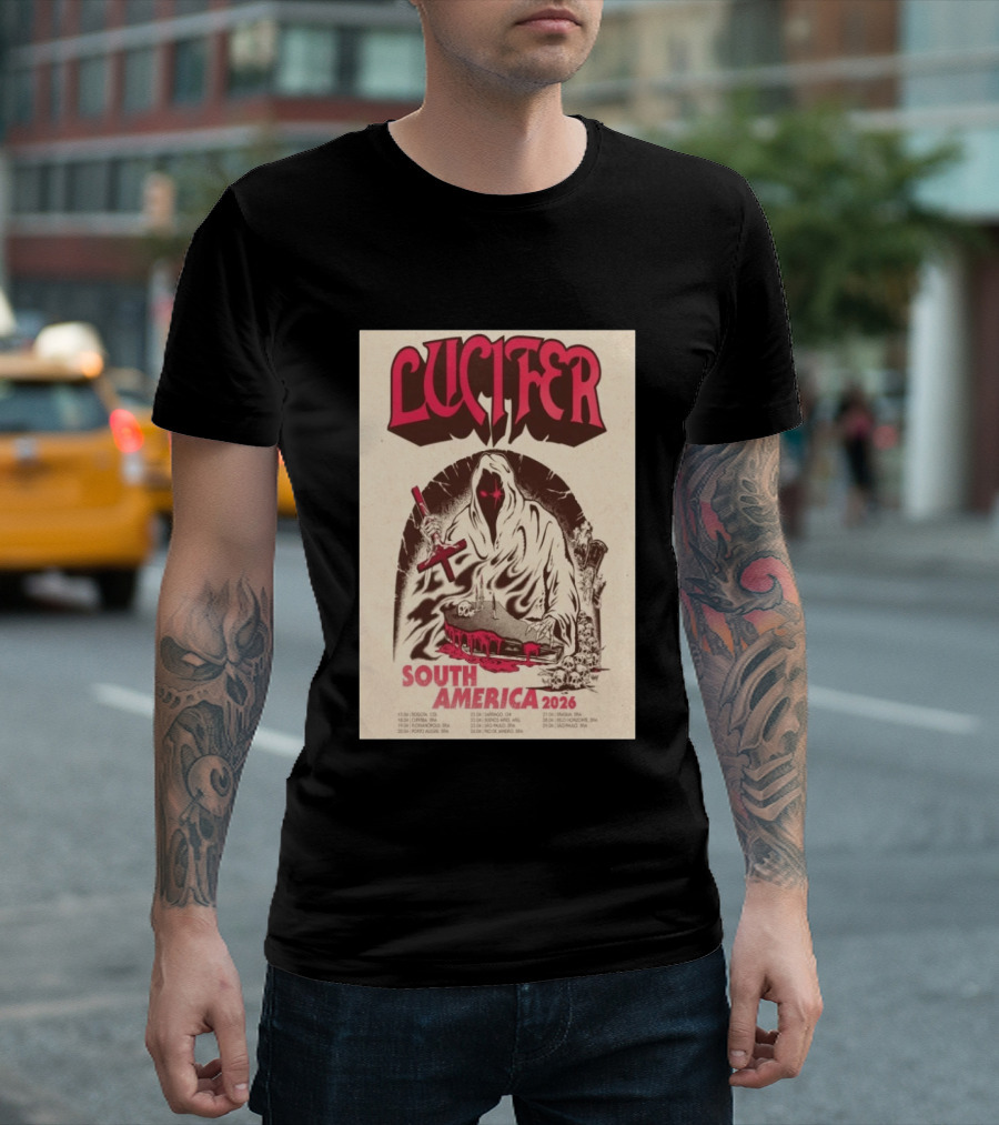 Lucifer South America 2026 Tour Schedule With Hooded Figure And Skulls T-Shirt