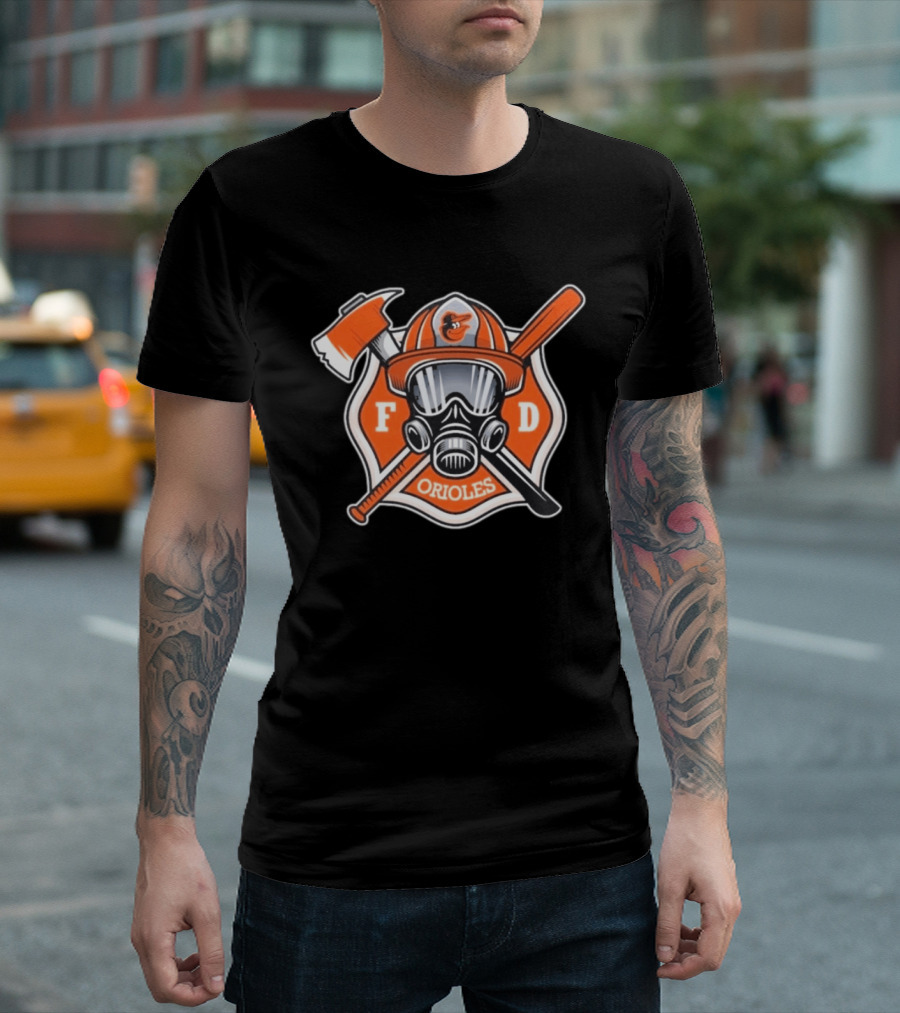 2026 Orioles FD Firefighter Appreciation Mask Helmet Axe Crossed Bat T-Shirt