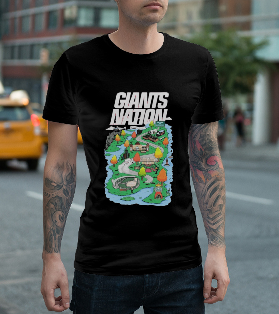 Bobby Skinner Giants Nation Cartoon Landscape Get Well Soon Welcome To Giants Nation Balloon Trees River T-Shirt