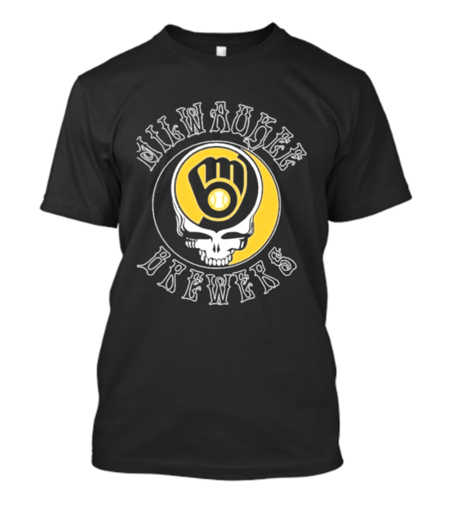 Milwaukee Brewers Skull Baseball Glove Crescent Moon T-Shirt