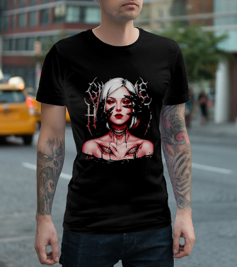 Dark Embrace Washed Creepy Pale Woman Fantasy Eyes T-Shirt