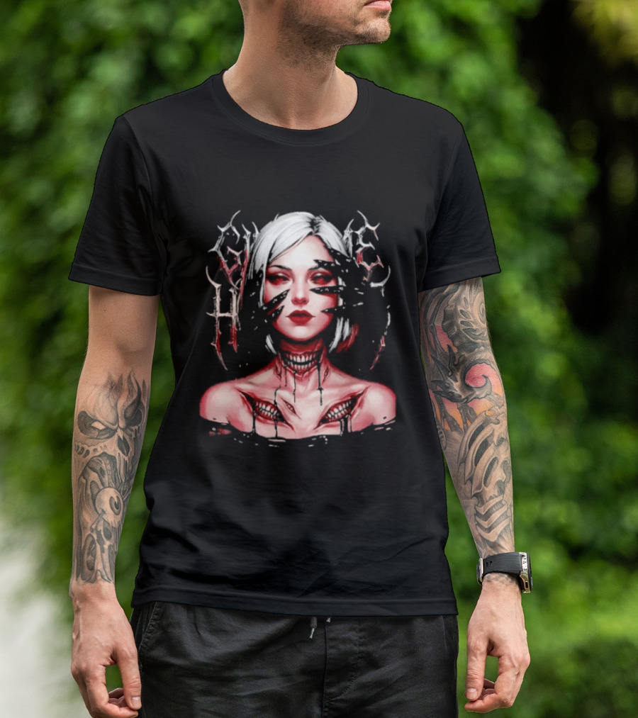 Dark Embrace Washed Creepy Pale Woman Fantasy Eyes T-Shirt