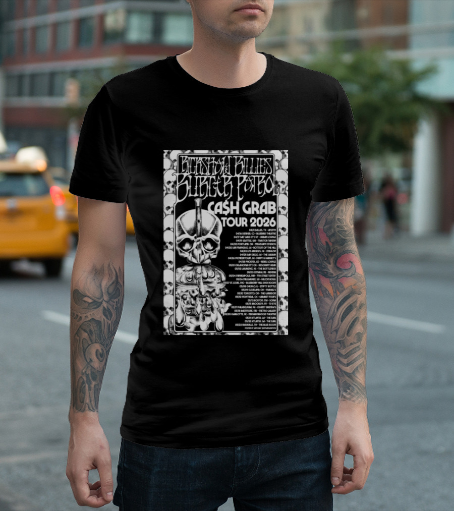 Rickshaw Billies Burger Patrol Cash Grab Tour 2026 Concert Dates Sketched Skull T-Shirt