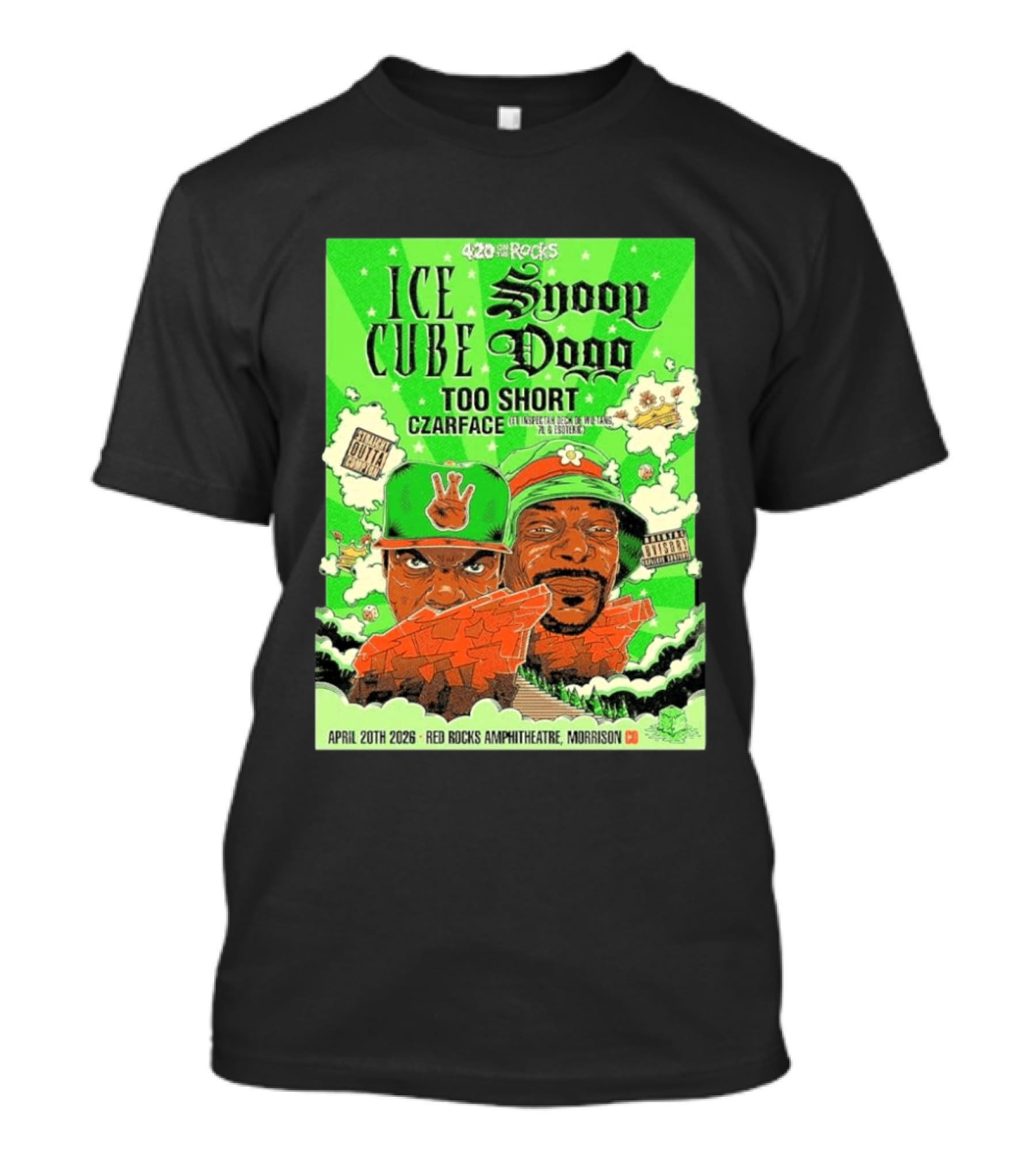 420 On The Rocks 2026 Ice Cube Snoop Dogg Too Short Czarface Red Rocks Amphitheatre Morrison Colorado April 20 T-Shirt