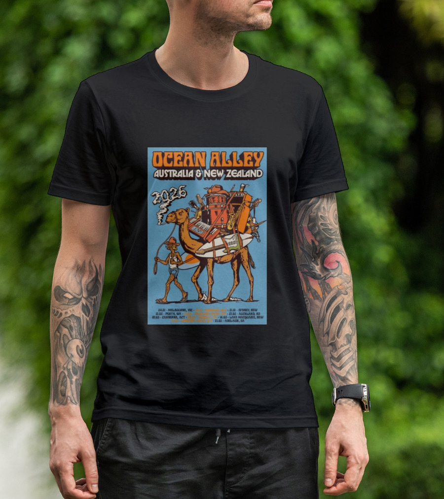 Ocean Alley Australia New Zealand 2026 Tour Dates With Camel And Musical Gear T-Shirt