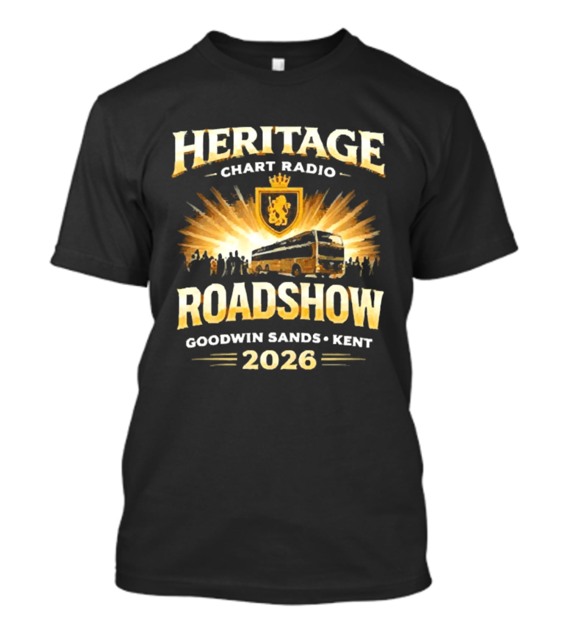 Heritage Chart Radio Roadshow Goodwin Sands Kent 2026 Lion Crest Bus Tour T-Shirt