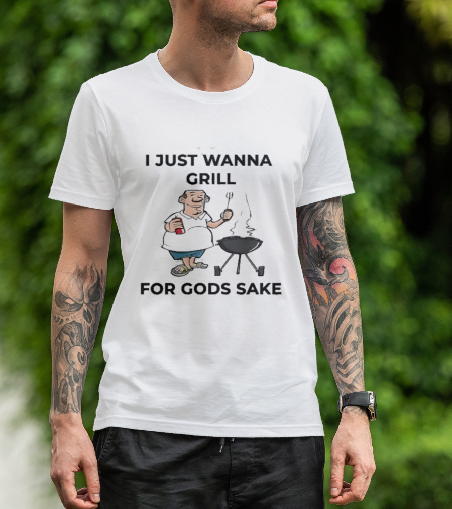 I Just Wanna Grill For God's Sake BBQ Cartoon Character Holding Fork T-Shirt
