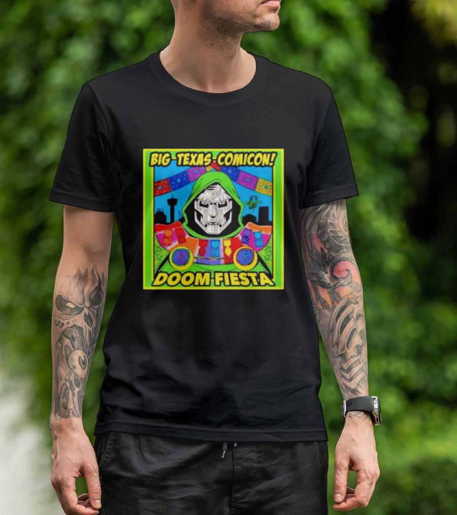 Big Texas Comicon Doom Fiesta Colorful Celebration With Iconic Mask T-Shirt