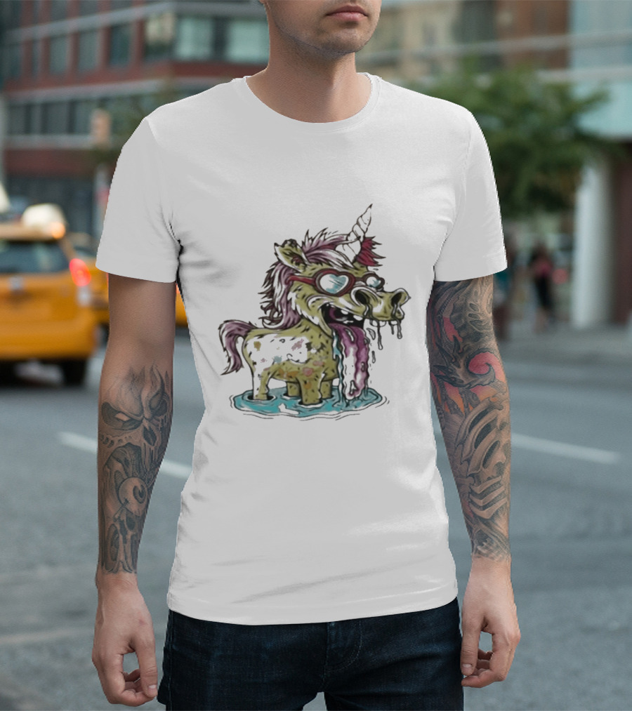 Hills Draws Unicorn With Sunglasses And Tongue Out In White T-Shirt